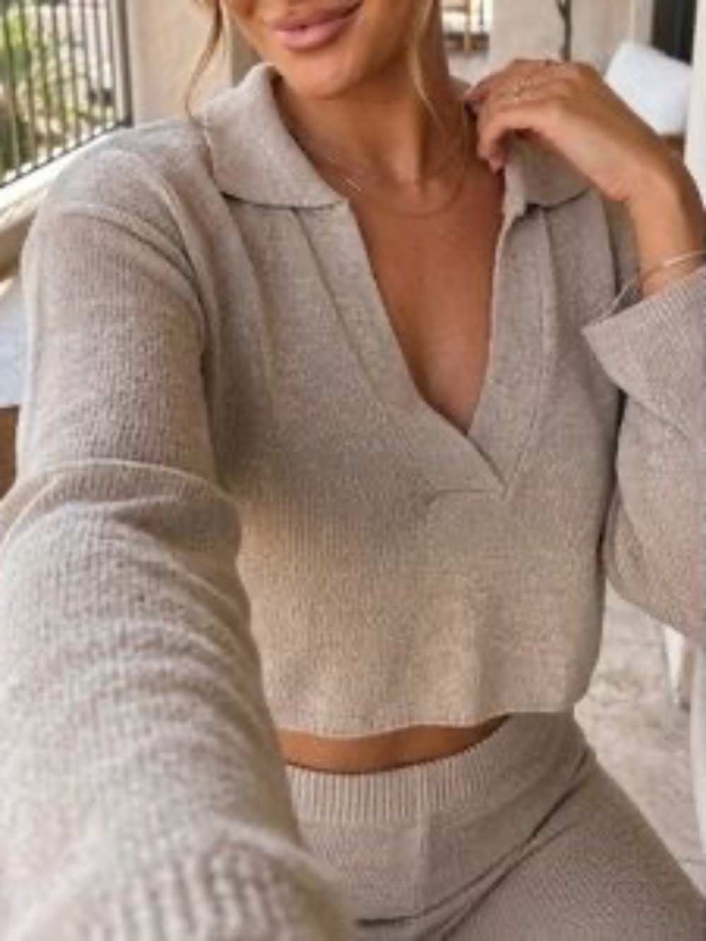 Meshki Carlota Collared Knit Cropped Jumper in Taupe